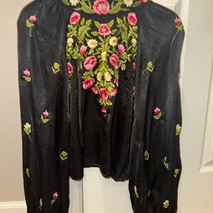 Free People Black and Pink Puff Sleeve Long Sleeve Embellished Blouse